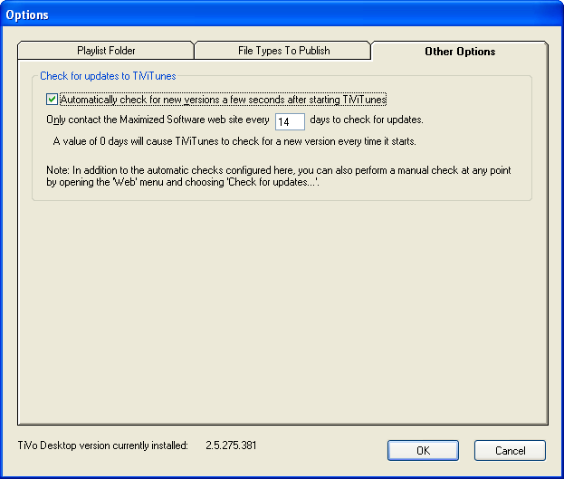 Options window (Other Options tab) screenshot