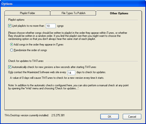 Options window (Other Options tab) screenshot
