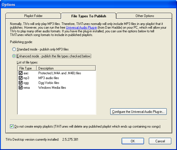 Options window (File Types To Publish tab) screenshot